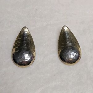 Hammered Gold Tone Metal Teardrop Stud Earrings Retro Maximalist Style 1.25in